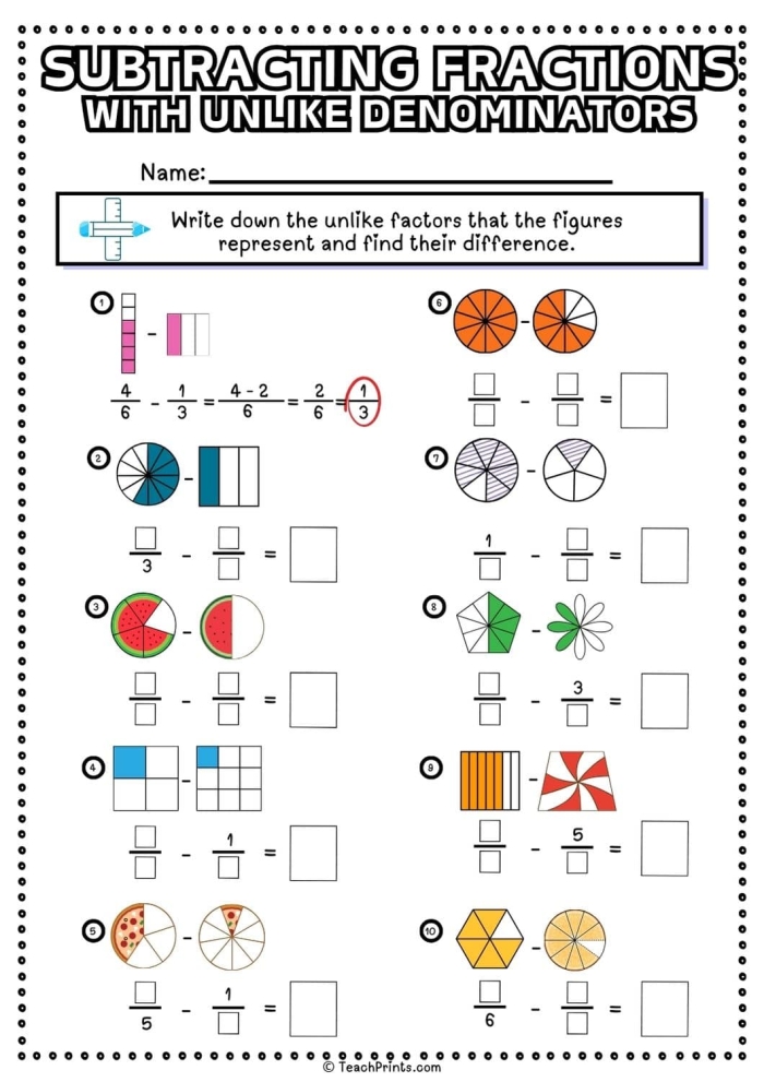 Subtracting Fractions With Unlike Denominators Practice Sheet 9 Fifth grade math worksheet showing step-by-step examples of subtracting fractions that have different denominators with visual fraction models