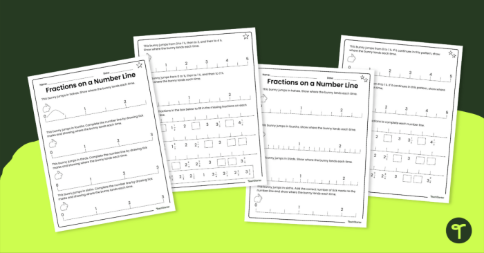 Worksheet for subtracting fractions on a number line designed for fourth graders