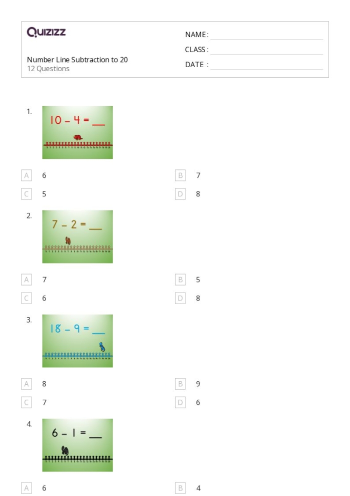 Worksheet illustrating how to subtract fractions on a number line for fourth graders