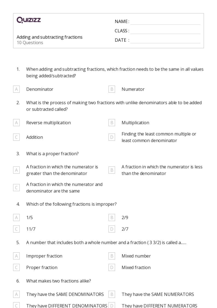 Subtracting Like Denominators Fractions Practice Sheet 14 Fourth grade math worksheet showing subtraction problems with fractions that have matching denominators
