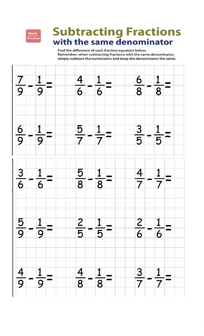 Subtracting Fractions with Common Denominators Worksheet 15 Fourth grade worksheet for subtracting fractions with like denominators