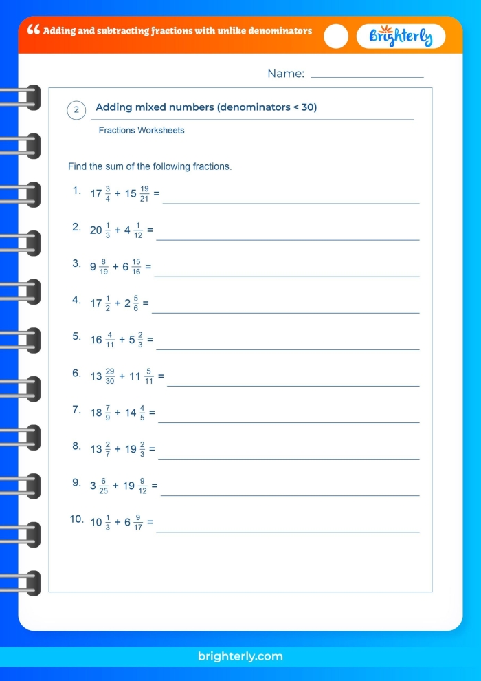 Fifth grade worksheet for practicing the subtraction of fractions with unlike denominators