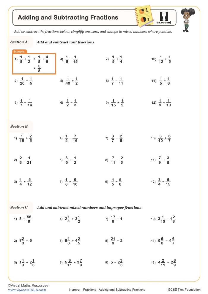 Fifth grade math worksheet focused on subtracting fractions with unlike denominators problem set 21