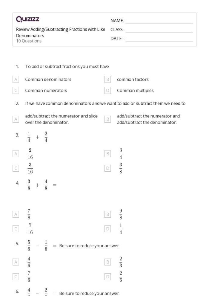 Fifth grade math worksheet featuring subtraction problems with unlike denominators