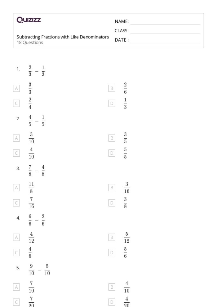 Subtracting Fractions With Unlike Denominators Practice Problem Set 3 Fifth grade math worksheet showing steps for subtracting fractions that have different bottom numbers with visual fraction models