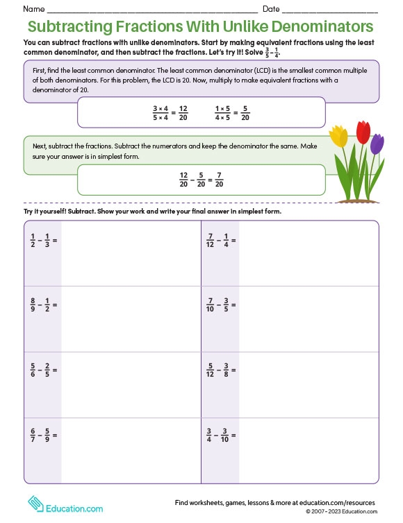 Subtracting Fractions With Unlike Denominators Worksheet Number 10 Fifth grade math worksheet featuring practice problems for subtracting fractions with unlike denominators