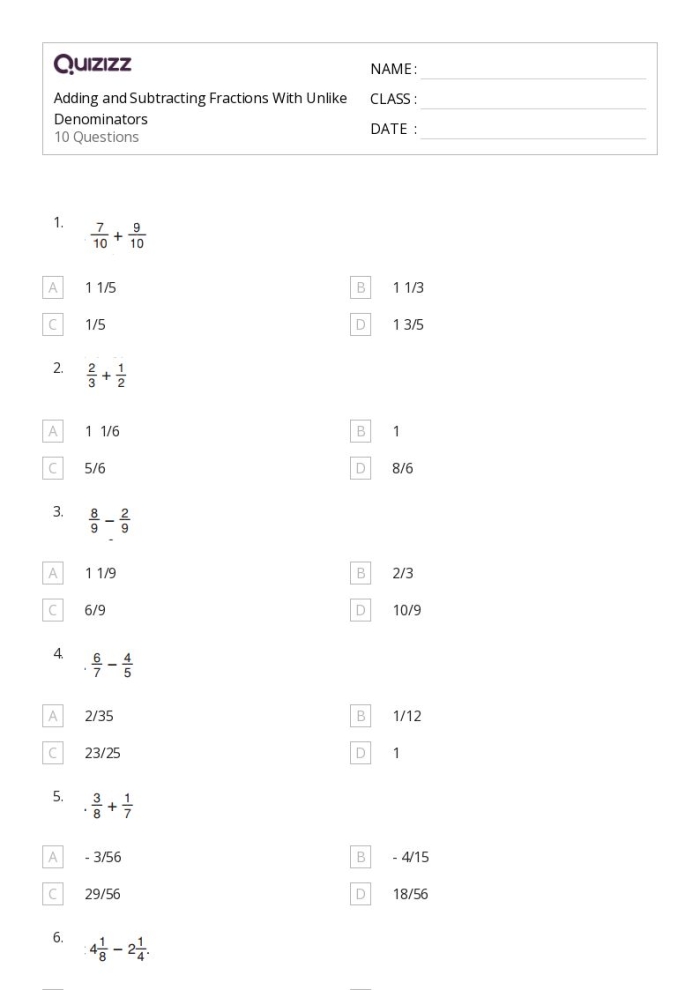 Fifth grade students practicing subtraction of fractions with different denominators on a math worksheet