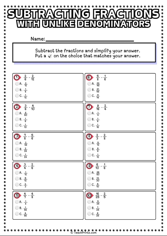 Subtracting Fractions With Unlike Denominators Practice Problem 22 Fifth grade math worksheet showing step-by-step examples of subtracting fractions that have different denominators with visual fraction models