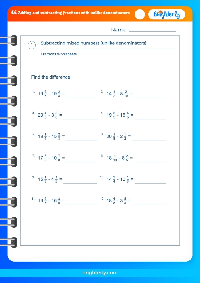 Fifth grade math worksheet showing step-by-step examples of subtracting fractions that have different denominators with visual fraction models