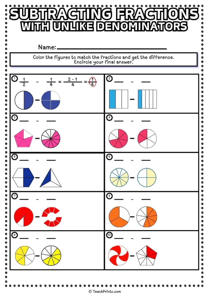 Subtracting Fractions With Unlike Denominators Practice Problems Fifth grade math worksheet showing step-by-step examples of subtracting fractions that have different denominators