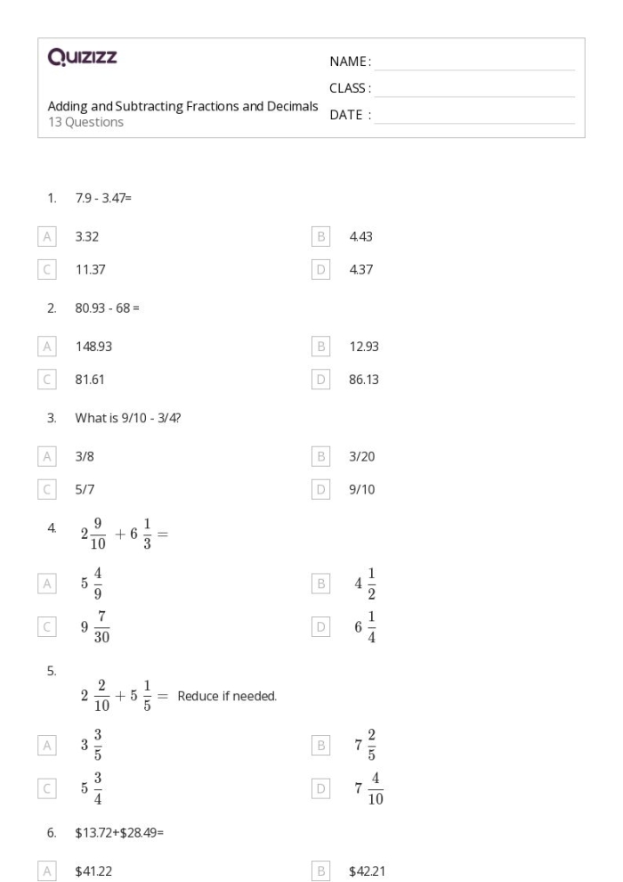Subtracting Fractions Worksheet 5 for Grade 4 Students Fourth grade math worksheet for practicing subtracting fractions with like denominators
