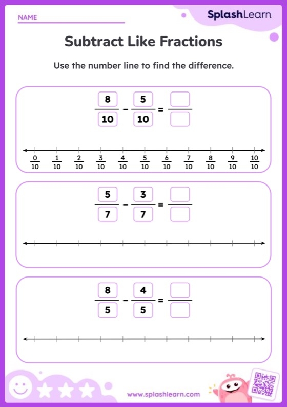 Students practicing subtraction of fractions on a number line in a worksheet for fourth graders