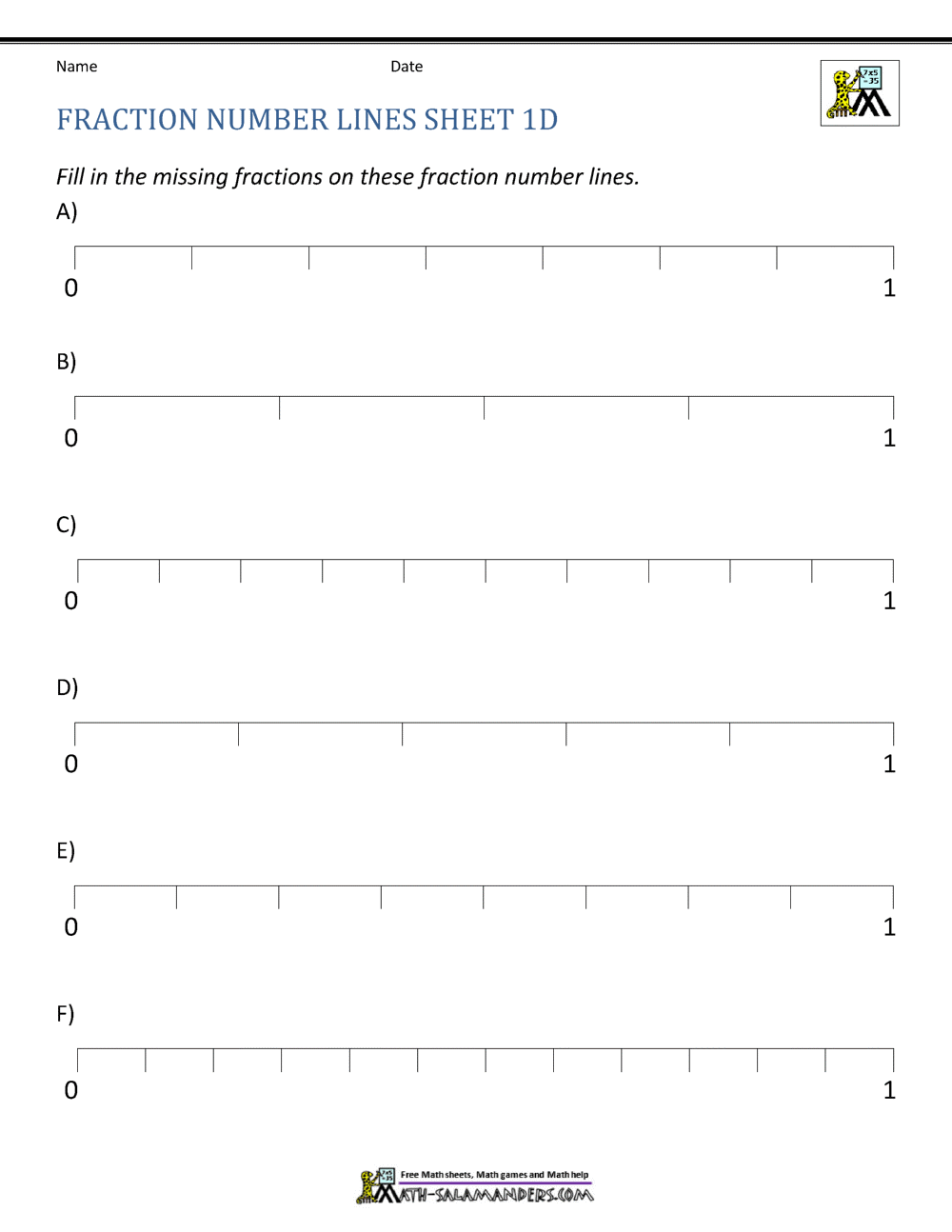 Worksheet for subtracting fractions on a number line for fourth graders