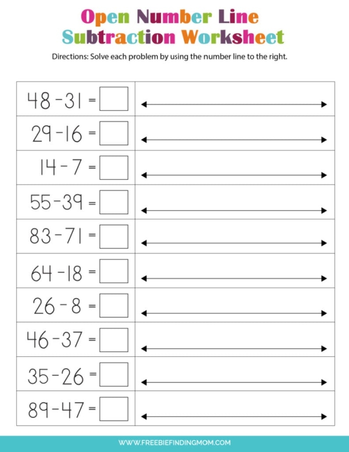 Students practicing subtraction of fractions using a number line in a worksheet