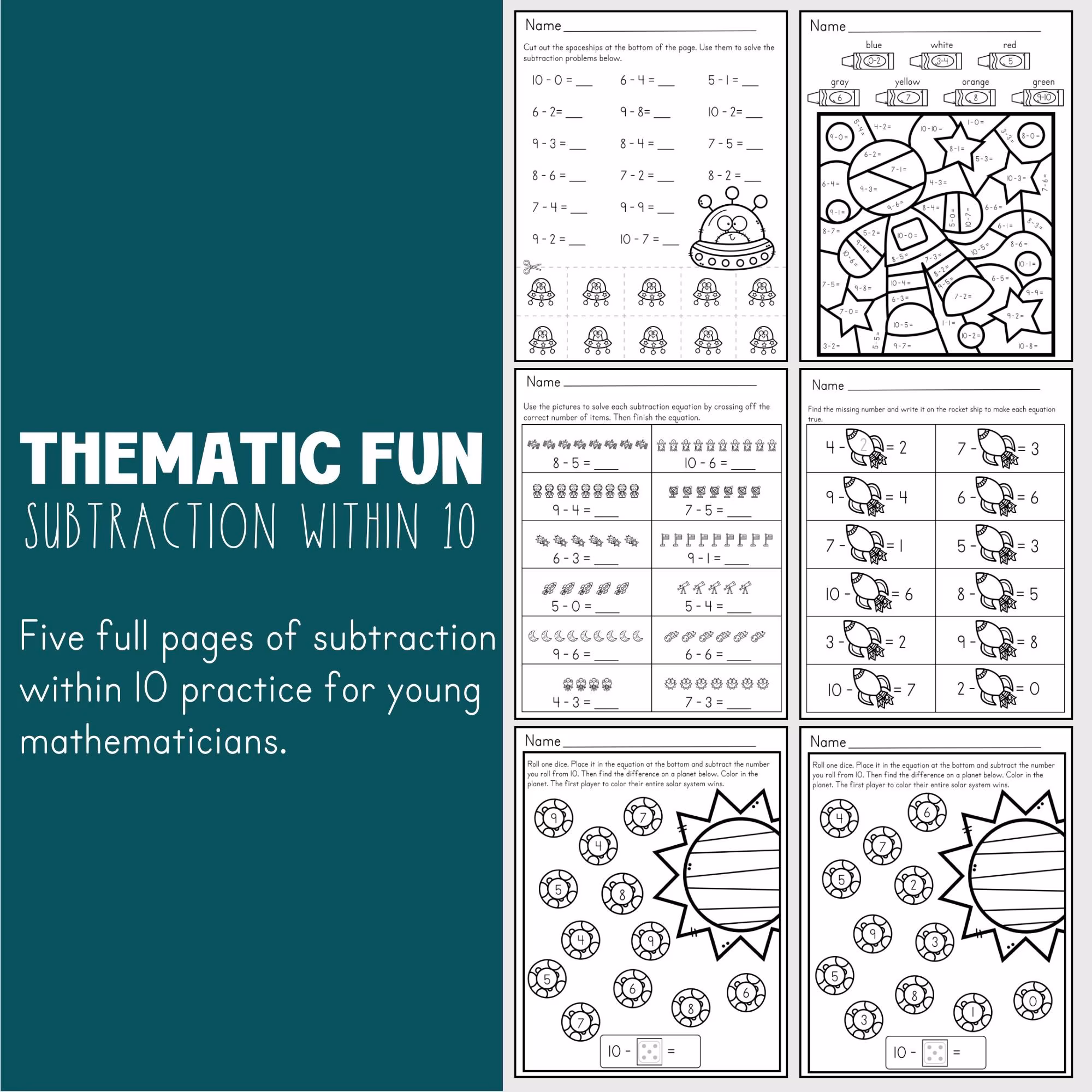 Subtracting in Space Worksheet for Kindergarten Math Practice Kindergarten student completing a space themed math worksheet with stars and rockets