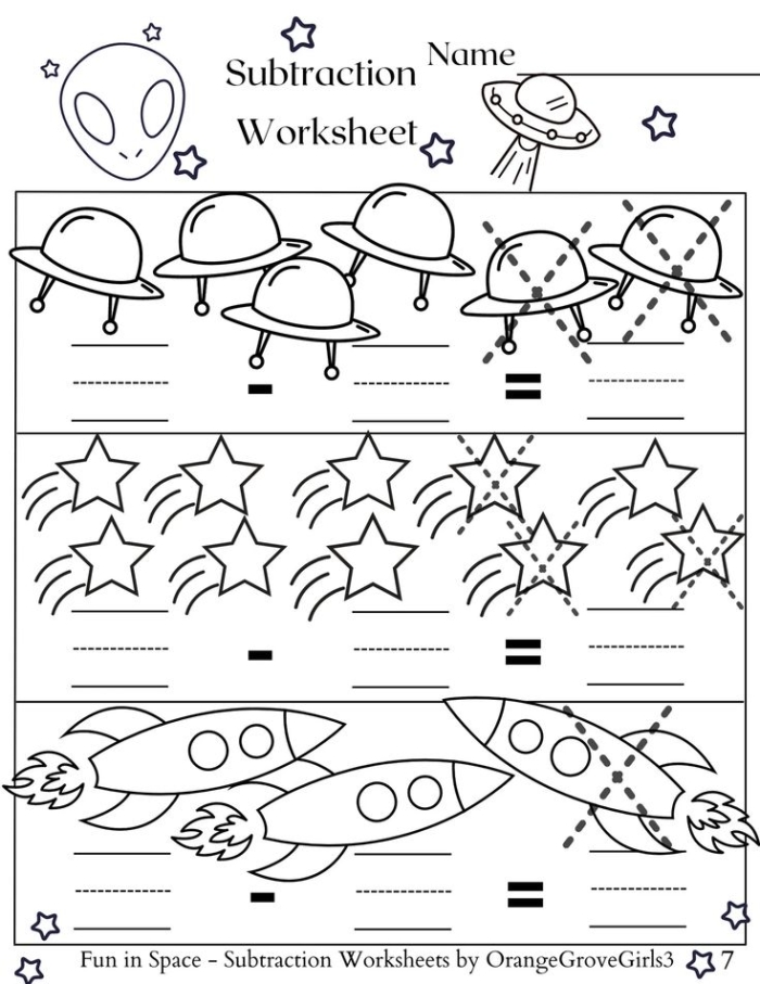 Galactic subtraction adventure showing stars and spaceships for early math learners Kindergarten student counting and subtracting colorful stars and space objects in a cosmic scene with rockets and planets