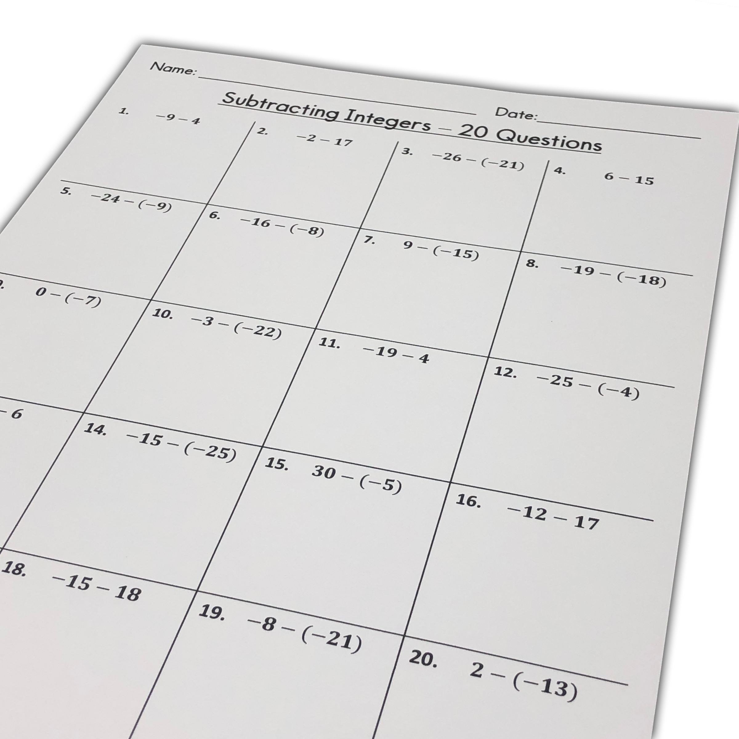 Worksheet for practicing the subtraction of positive and negative integers for seventh graders