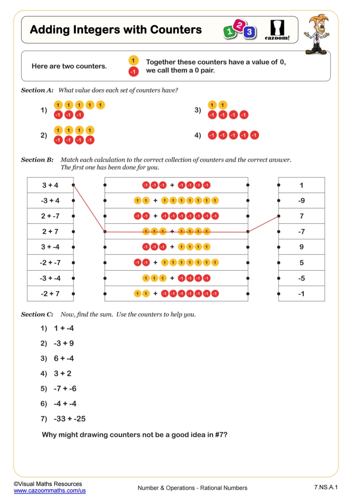 Seventh grade math worksheet featuring number line problems for subtracting positive and negative integers