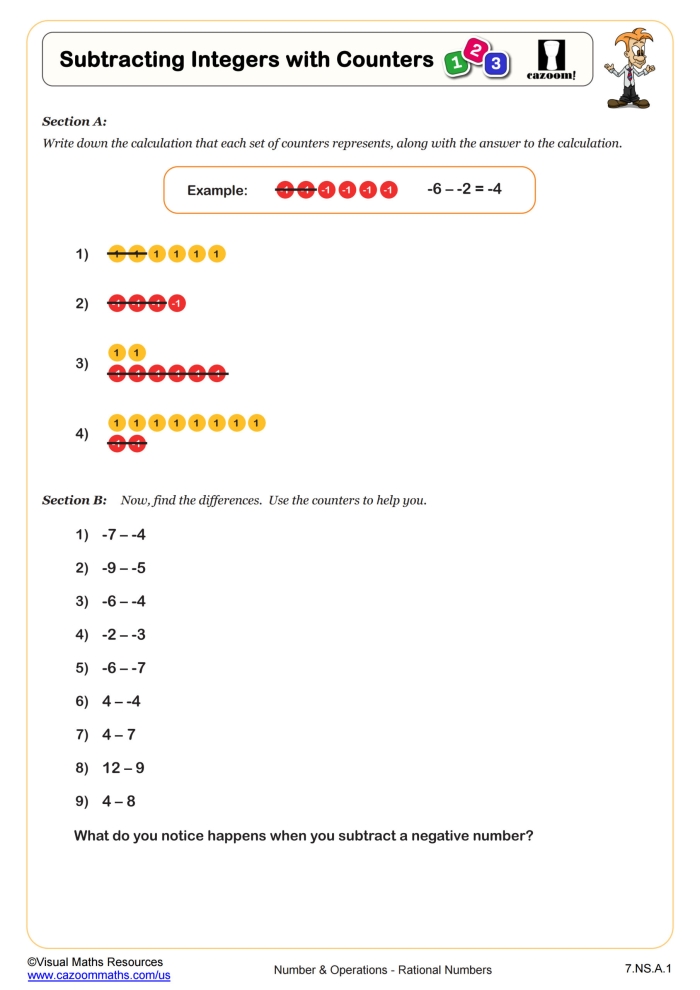 Seventh grade math worksheet featuring number line problems for subtracting positive and negative integers