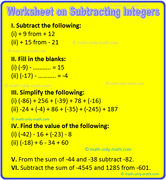Worksheet featuring subtraction exercises for positive and negative integers aimed at seventh graders
