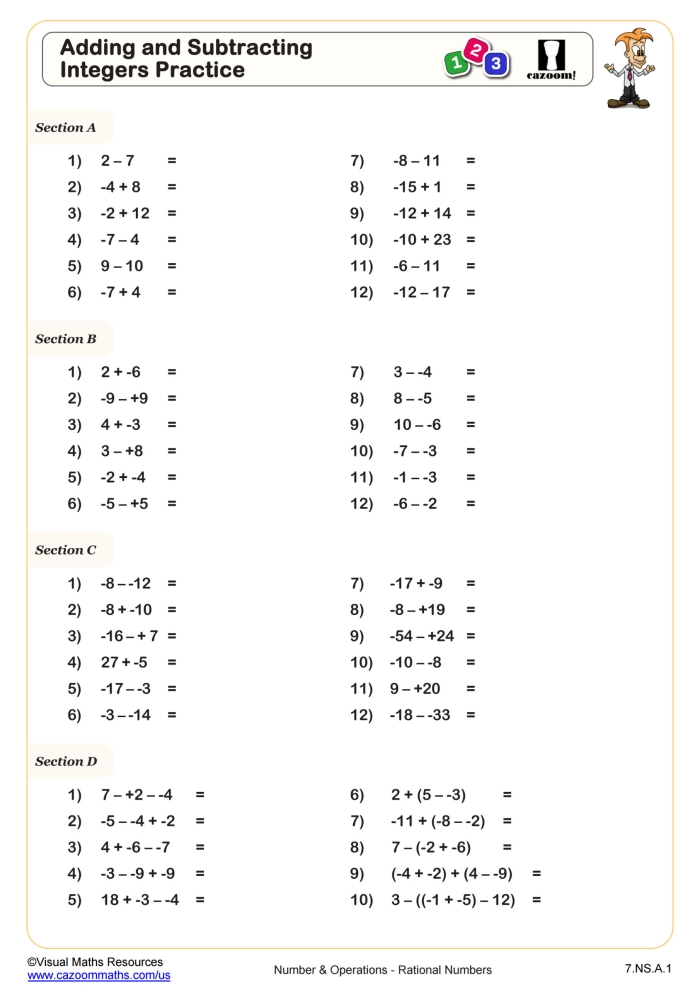 Seventh grade student using a worksheet to practice subtracting positive and negative integers