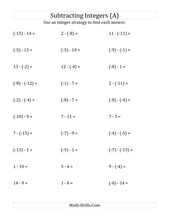 Seventh grade math worksheet featuring practice problems for subtracting positive and negative integers 12