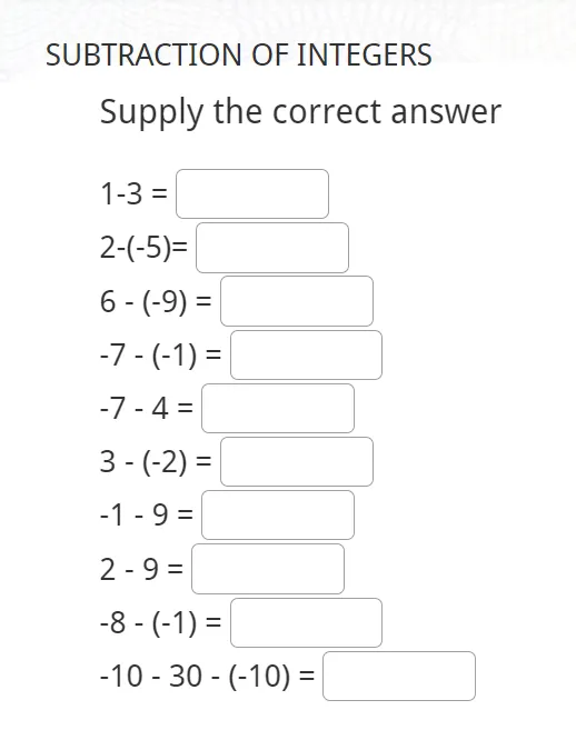 Worksheet for practicing the subtraction of positive and negative integers for seventh graders