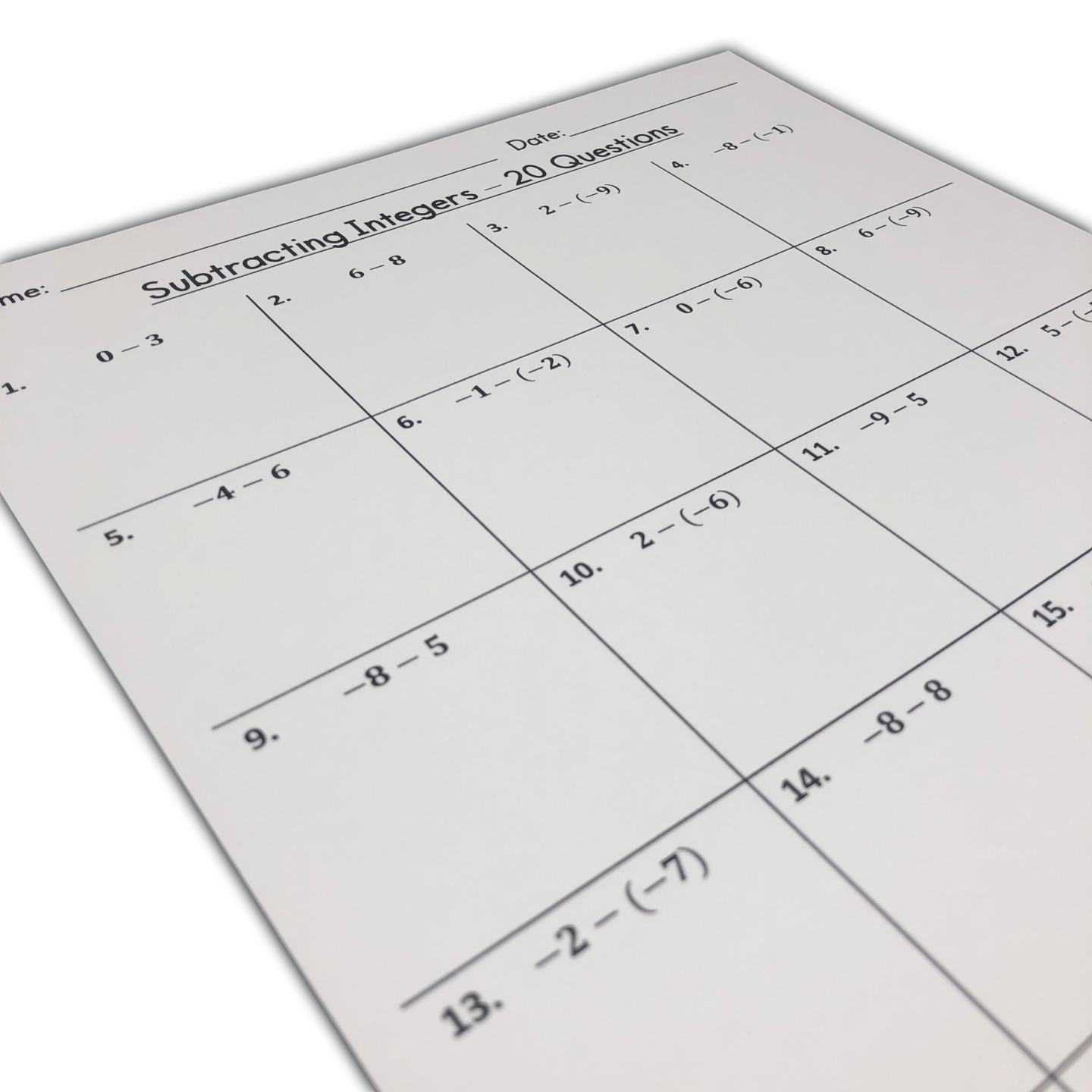 Worksheet for practicing subtracting integers in a seventh-grade geometry class
