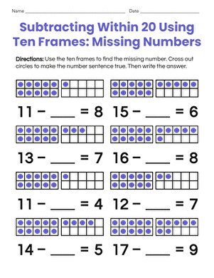 Subtracting Within 20 Using Ten Frames: Missing Numbers worksheet for first grade students Friendly subtraction worksheet featuring ten frames for first graders to practice missing numbers