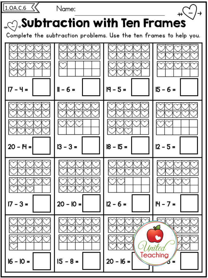 Friendly worksheet featuring subtraction practice with missing numbers and ten frames Subtracting within 20 using ten frames on a colorful worksheet for first graders