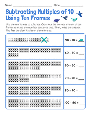 Subtracting Within 20: Missing Numbers Worksheet Using Ten Frames for First Graders Friendly subtraction worksheet featuring ten frames for finding missing numbers within 20