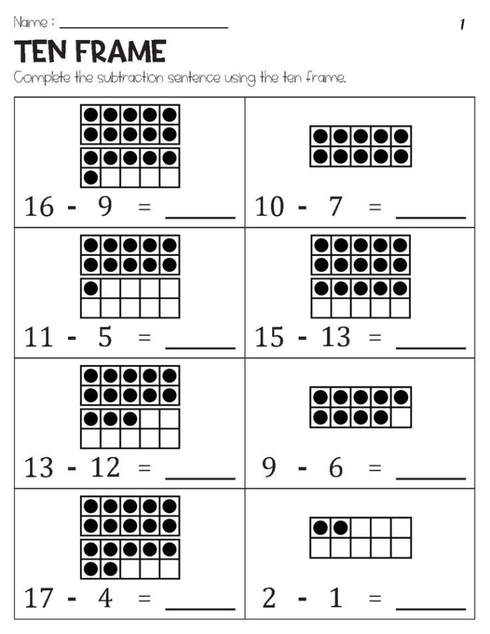 Subtracting Within 20 Using Ten Frames: Missing Numbers Worksheet for First Graders Friendly subtraction worksheet featuring ten frames for finding missing numbers