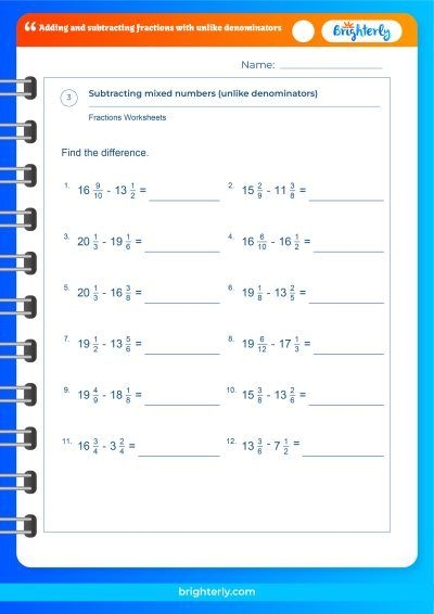 Subtracting Fractions With Unlike Denominators Practice Problems for Grade 5 Fifth grade math worksheet showing step-by-step examples of subtracting fractions that have different denominators with visual fraction models