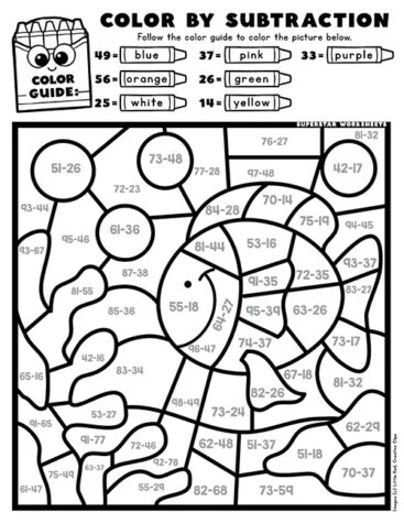 Elephant in need of color restoration through subtraction in a fun worksheet
