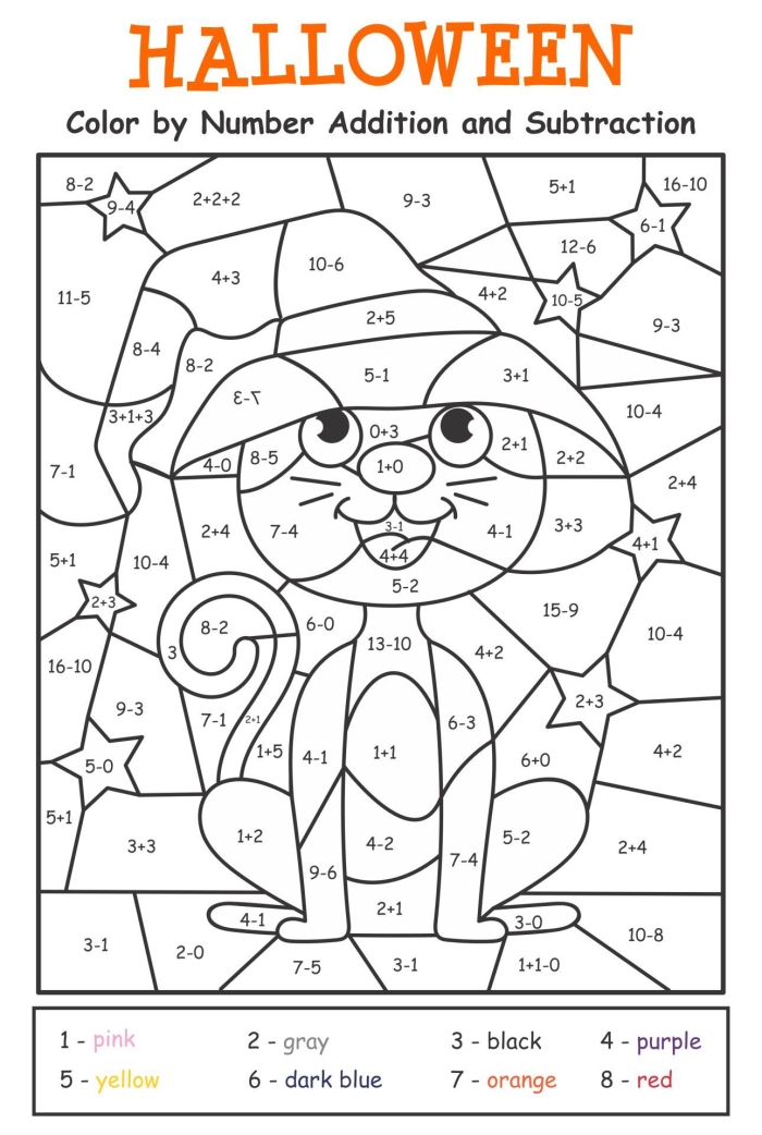 Kindergarten subtraction and coloring activity featuring a fish design image 10 Subtraction color by number worksheet featuring a fish for kindergarteners