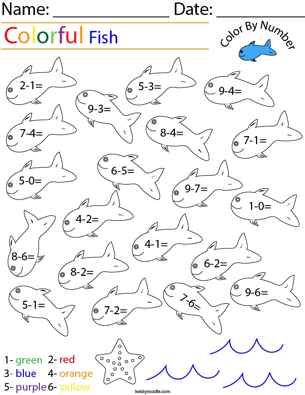 Subtraction Color By Number Color the Fish Worksheet for Kindergarteners Kindergarten student solving subtraction equations on a fish themed color by number worksheet