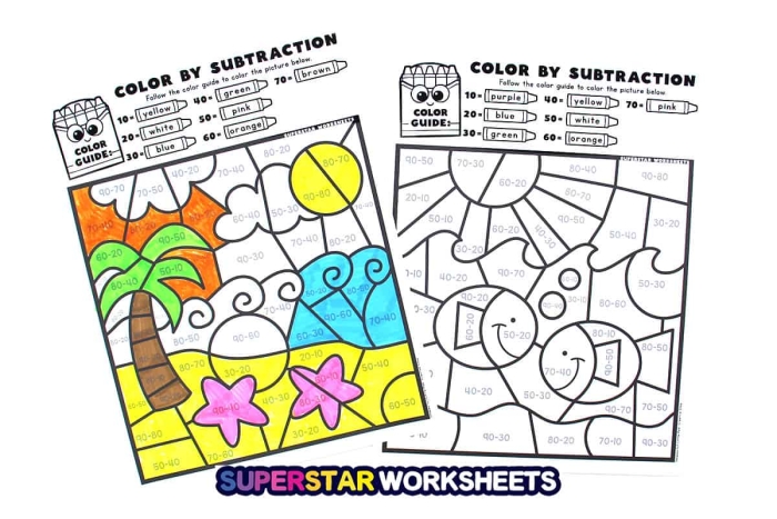 A fun subtraction color by number worksheet featuring a sad elephant needing help to regain its colors