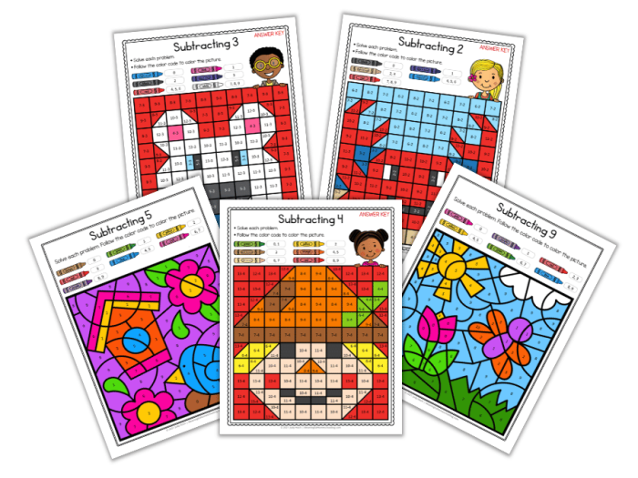Color by number subtraction worksheet featuring a colorless elephant in need of help