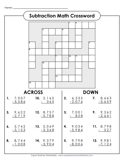Grammar and Mechanics worksheet for Second Grade A colorful subtraction crossword worksheet for second graders to practice two-digit subtraction. Engaging crossword puzzle to enhance subtraction skills in a fun way.
