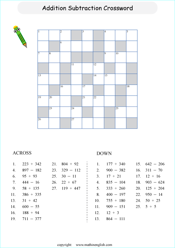 Engaging subtraction crossword for enhancing math learning in second grade Subtraction crossword worksheet designed for second graders to practice two-digit subtraction skills