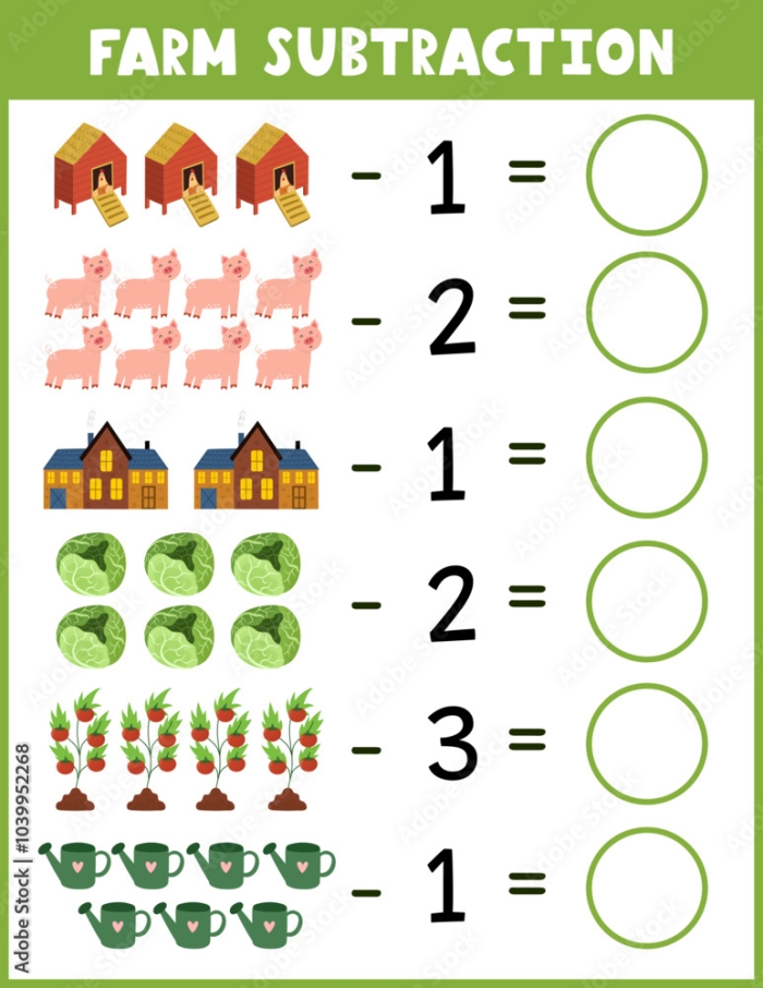 Kindergarten math worksheet featuring subtraction problems with farm animal illustrations