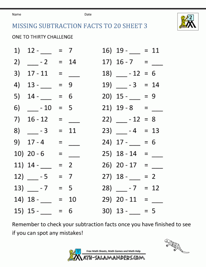 Second grade math worksheet showing subtraction problems within 20 for assessing student understanding of basic subtraction concepts