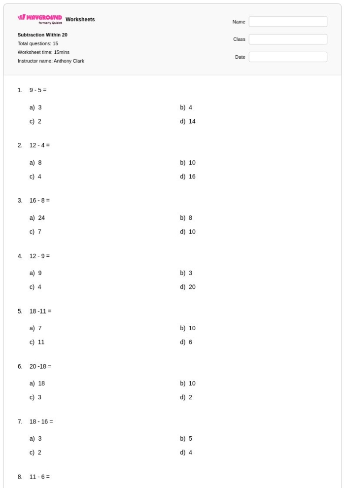 Second grade math worksheet showing subtraction problems with numbers up to 20 for student skill assessment