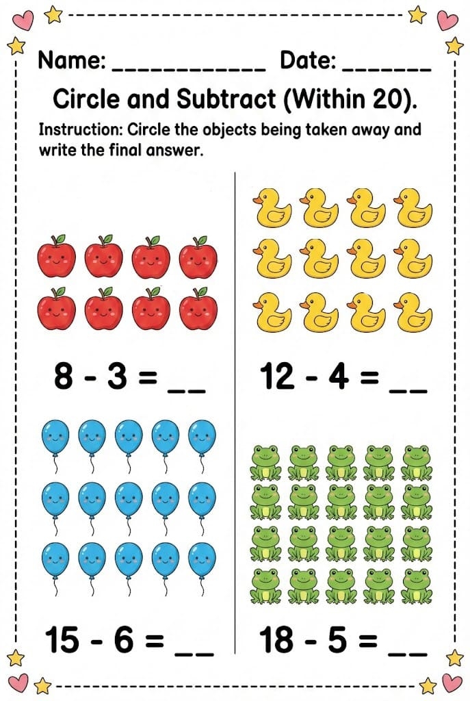Second grade students solving subtraction problems with numbers up to 20 on a classroom assessment worksheet