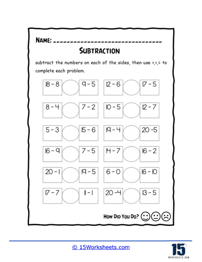 Second grade students solving subtraction problems with numbers up to 20 on a classroom assessment worksheet