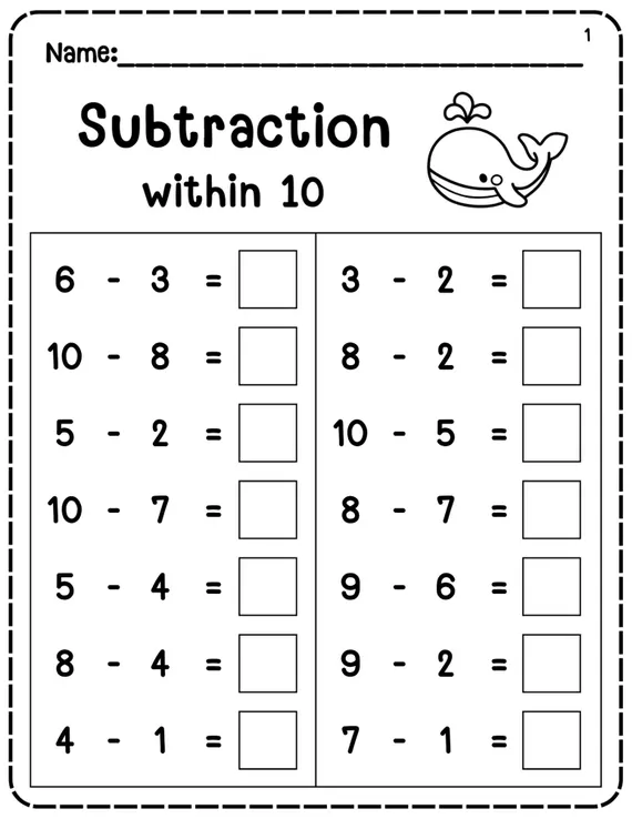 A colorful subtraction worksheet for kindergarten students to practice subtracting to 10