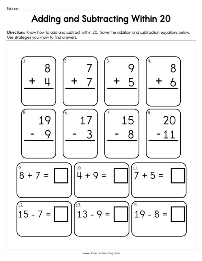 Second grade students solving subtraction problems with numbers up to 20 on a classroom assessment worksheet
