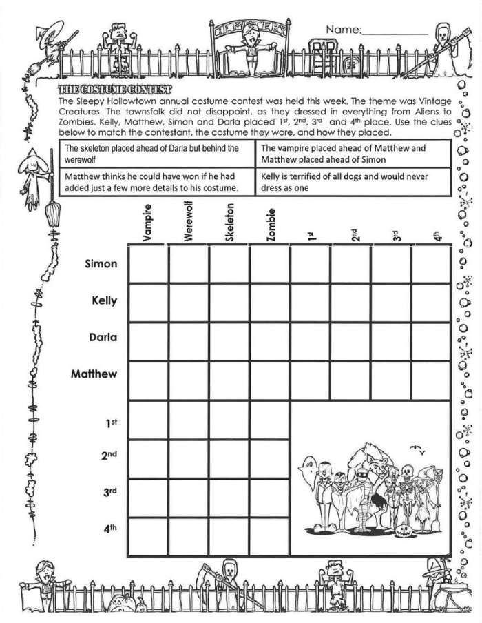 Fur Families Logic Puzzle Worksheet 25 Sixth grade math worksheet featuring a dog-themed logic puzzle about fur families for subtraction practice