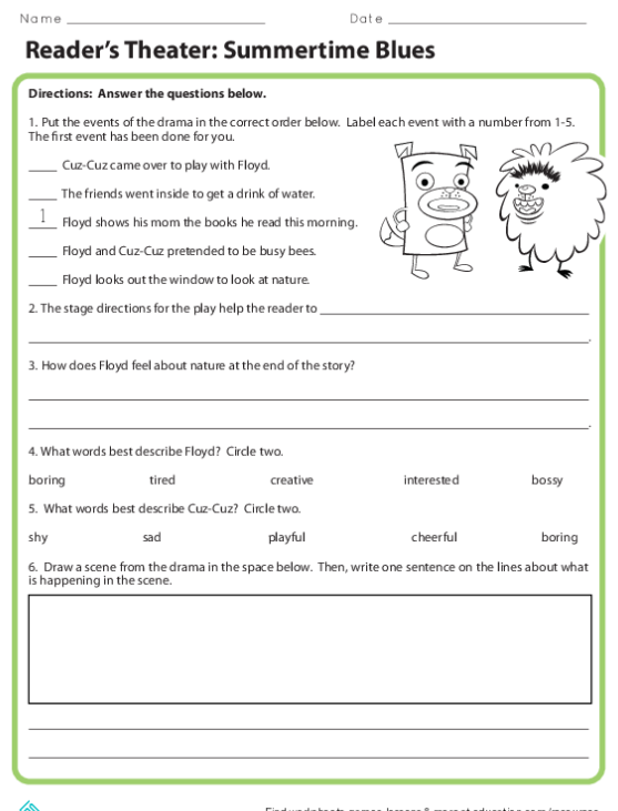 Worksheet featuring the Reader’s Theater script "The Snowman’s Day to Play" for second graders focusing on subtraction skills. Engaging winter-themed reading comprehension activity for young learners.