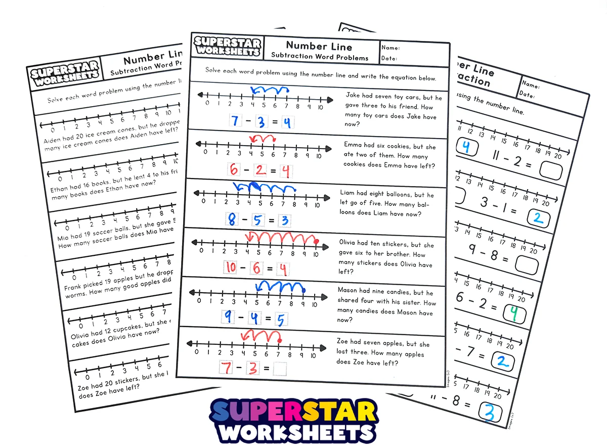 Subtraction Number Line Practice Worksheet 15 for Grade 1 Students First grade math worksheet showing a number line for practicing subtraction problems